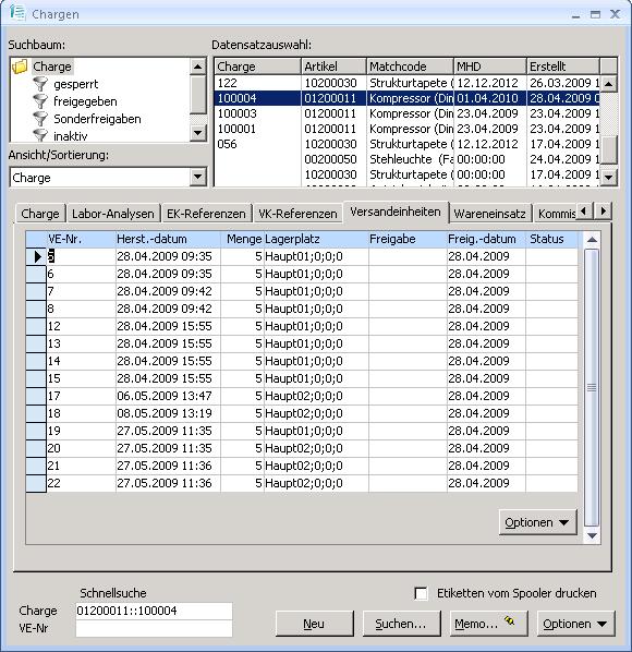  Formular Chargen / Register Versandeinheiten