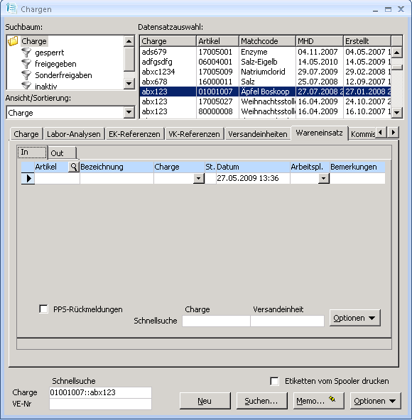  Formular Charge / Register Wareneinsatz