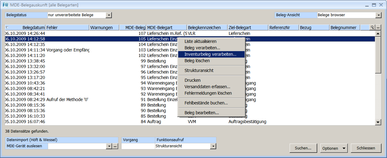  MDE Belegauskunft Inventurbeleg verarbeiten