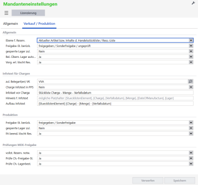 Mandanteneinstellungen Verkauf & Produktion 
