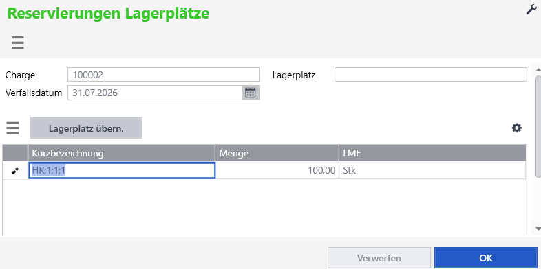 Reservierungserfassung Lagerplatzauswahl