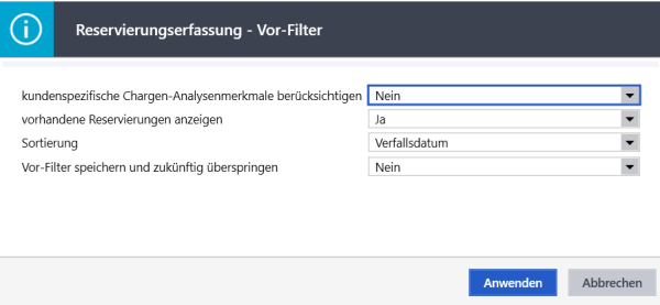 Reserverungserfassung Vor-Filter