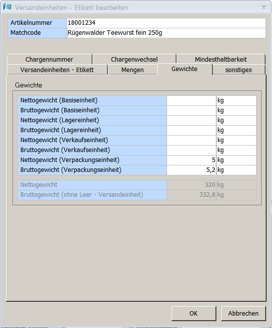  Versandeinheiten- Etikett Gewichte