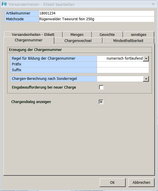  Versandeinheiten- Etikett bearbeiten / Register Chargennummer