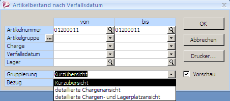  Artikelbestand nach Verfallsdatum