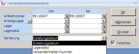  Versandeinheitenbestandsliste